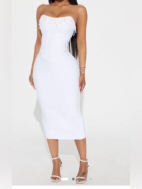 Fashion Nova White Strapless Corset Midi Dress with Beaded Trim